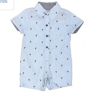 Free Planet Short Sleeve Collared One Piece Baby Boy 0-3M Blue Flamingo Print